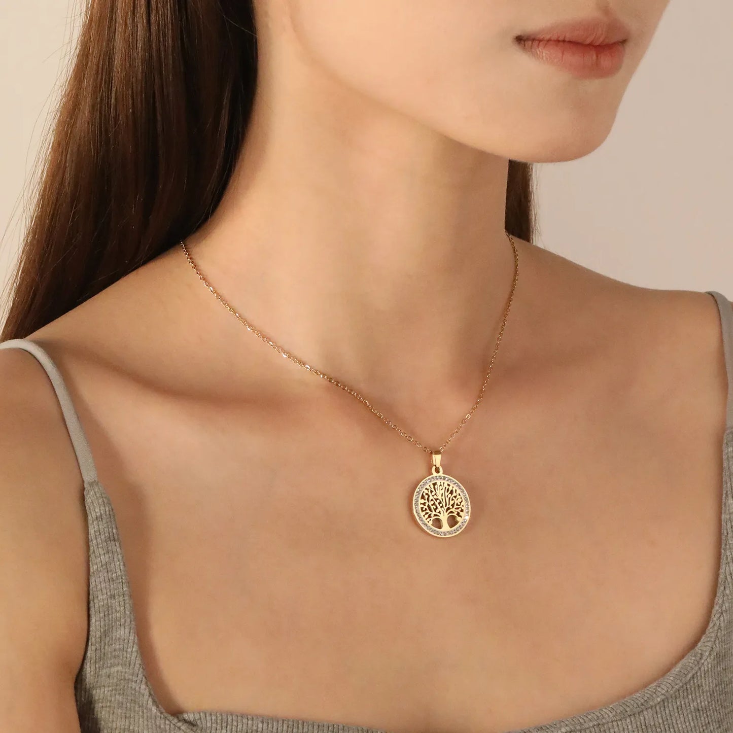 ✨ Wholesale Tree of Life Pendant Necklace - 21.9mm Hollow Circle w/ White Zircon | 40+5cm Stainless Steel Chain (5g)