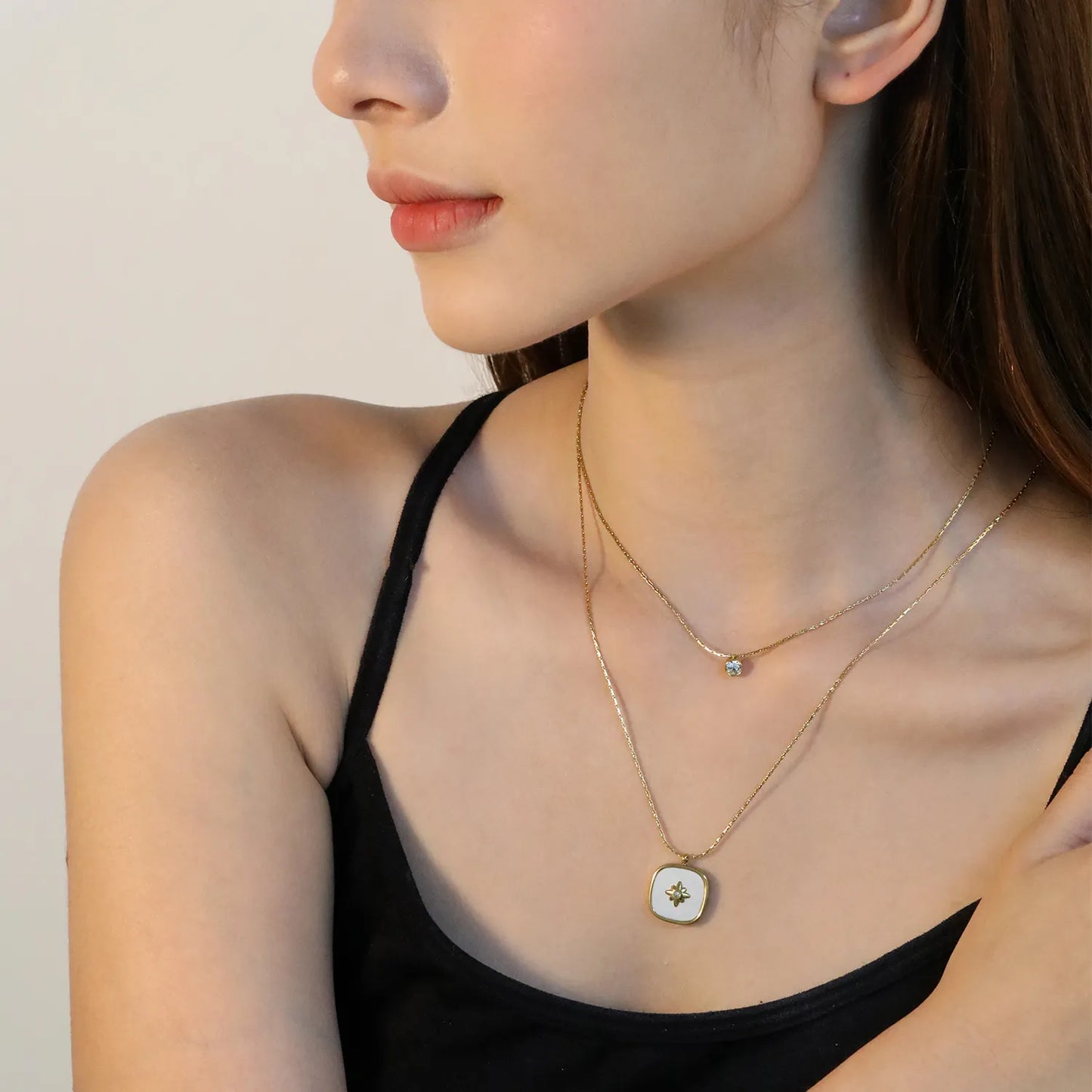 Bulk Double-Layer Gold Necklace Set | 5mm CZ Bar & 16mm Mother-of-Pearl Shell Pendant | 0.9mm Hammered Chains (Adjustable 50+40+5cm)