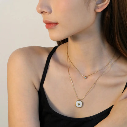 Bulk Double-Layer Gold Necklace Set | 5mm CZ Bar & 16mm Mother-of-Pearl Shell Pendant | 0.9mm Hammered Chains (Adjustable 50+40+5cm)