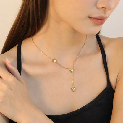 Wholesale Gold Stainless Steel Heart Charm Necklace | 3pcs 8x10.2mm Love Pendants | 40+5cm Adjustable Chain | 6mm Round End Tag | Bulk Jewelry Supplies