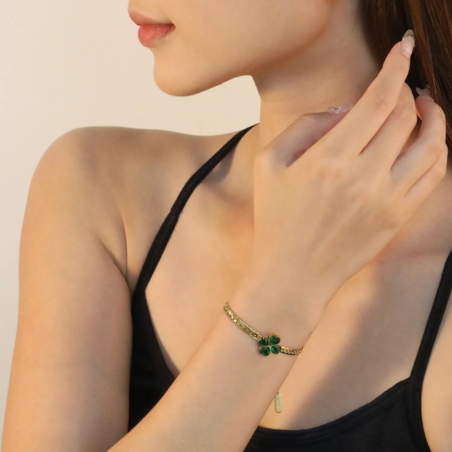 ✨ Wholesale Clover Green Zircon Bracelet - 13.5mm Stainless Steel w/ Dragon Chain 17+5cm (5.8g)