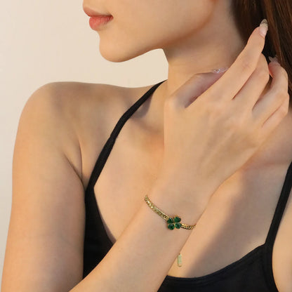 ✨ Wholesale Clover Green Zircon Bracelet - 13.5mm Stainless Steel w/ Dragon Chain 17+5cm (5.8g)