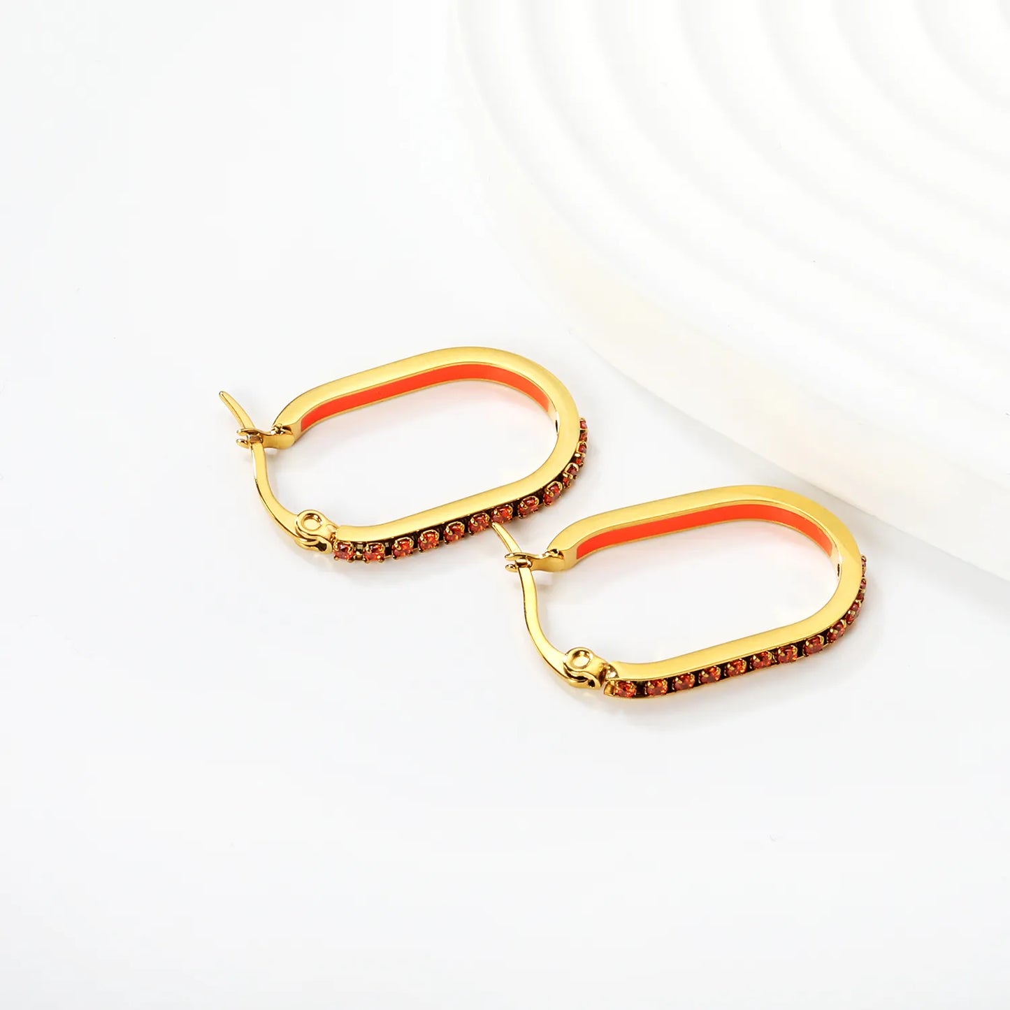 Orange Rhinestone Gold-Plated Finish Wholesale Crystal Oval Hoop Earrings  | 2.26*22mm |MOQ 12+