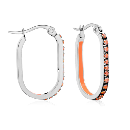 Wholesale Orange Rhinestone Silver-Plated Finish Crystal Oval Hoop Earrings  | 2.26*22mm | MOQ 12+