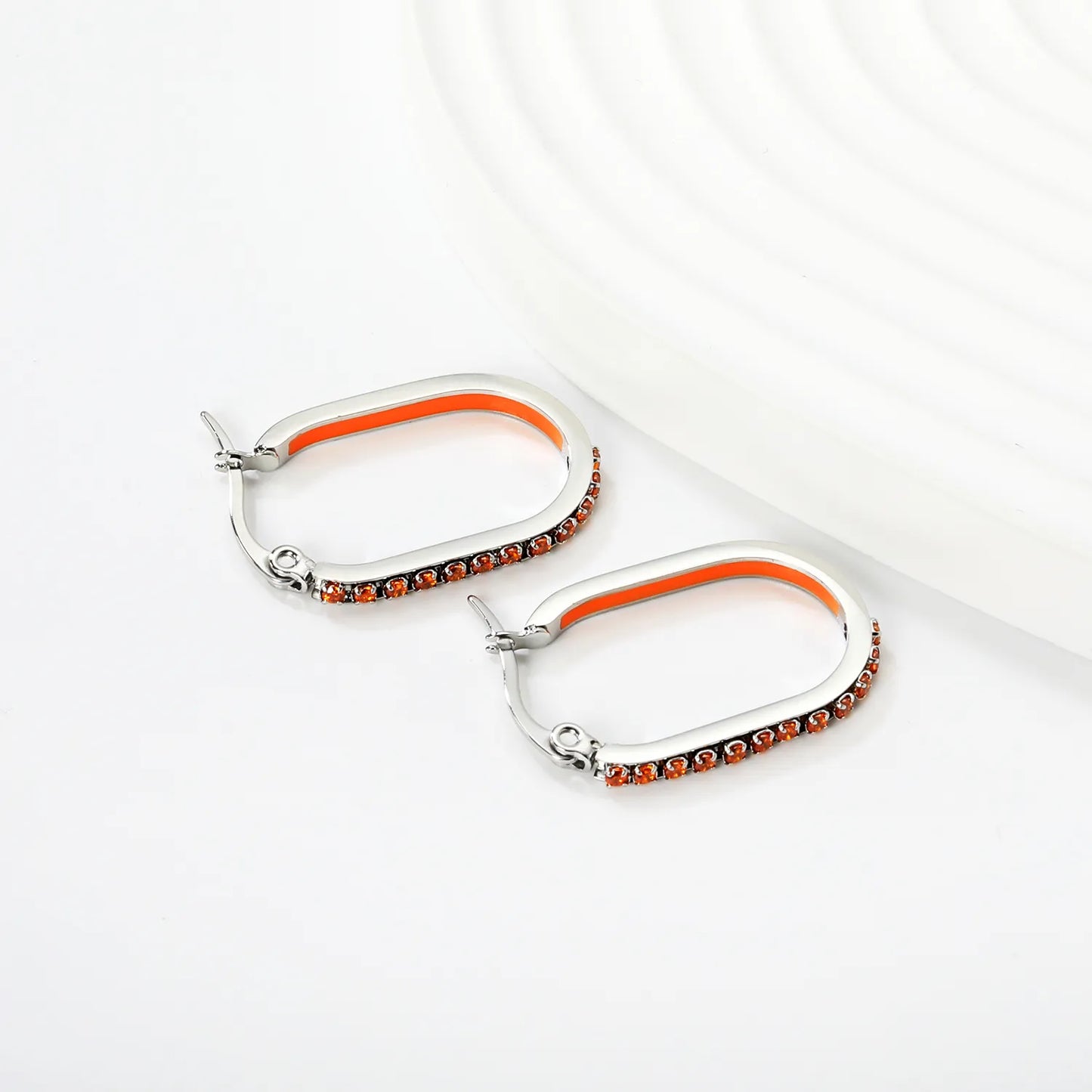 Wholesale Orange Rhinestone Silver-Plated Finish Crystal Oval Hoop Earrings  | 2.26*22mm | MOQ 12+
