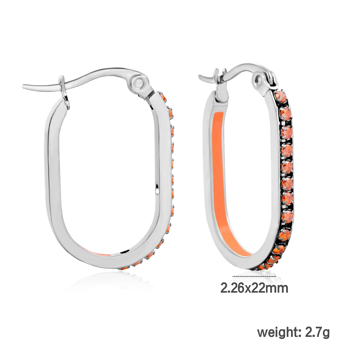 Wholesale Orange Rhinestone Silver-Plated Finish Crystal Oval Hoop Earrings  | 2.26*22mm | MOQ 12+