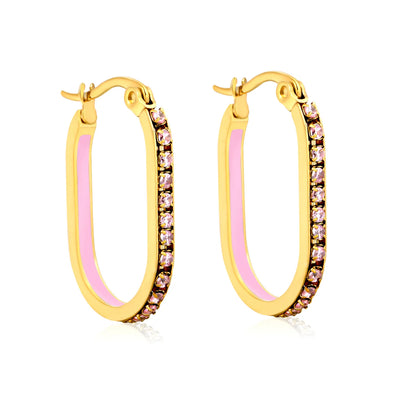 Pink Rhinestone Gold-Plated Finish Premium Stainless Steel Hoop Earring | 2.26*22mm Size | Wholesale  MOQ 12+
