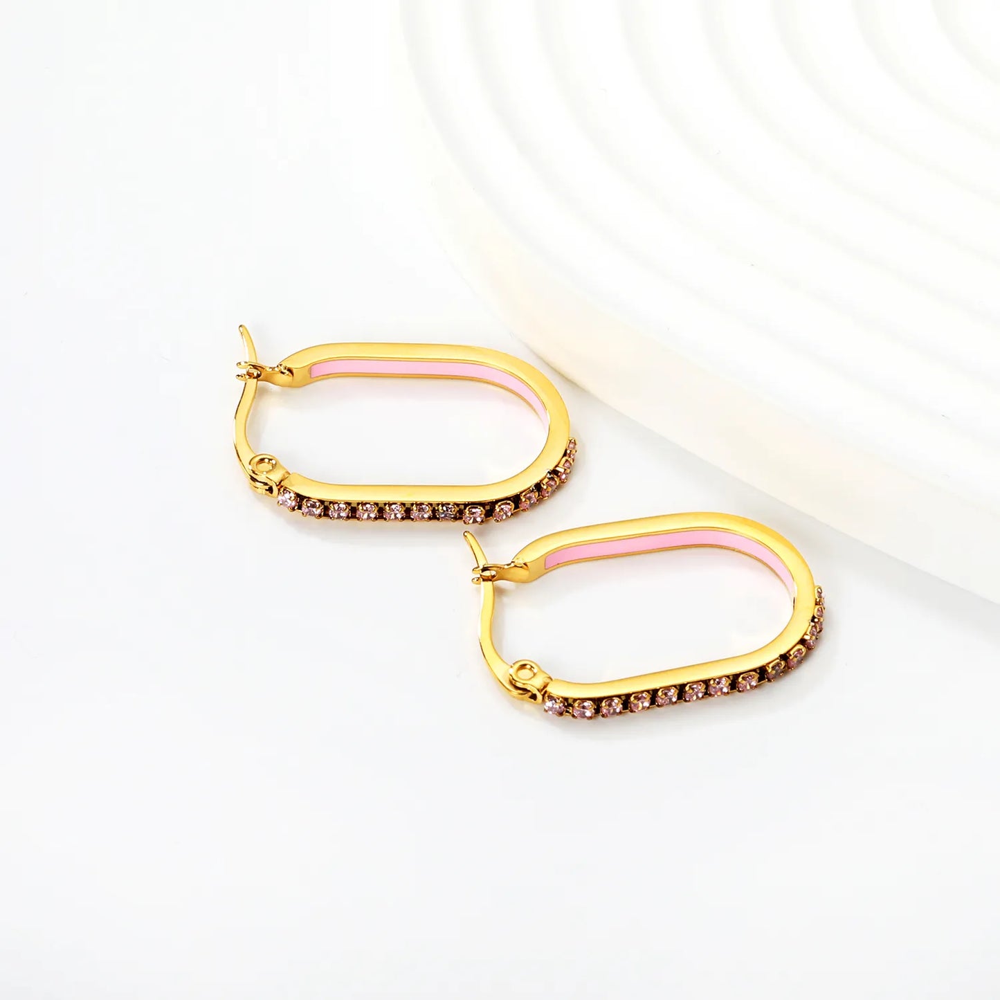 Pink Rhinestone Gold-Plated Finish Premium Stainless Steel Hoop Earring | 2.26*22mm Size | Wholesale  MOQ 12+