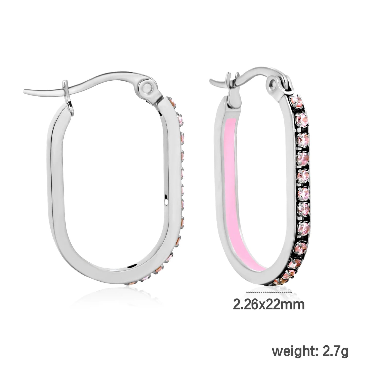 Wholesale Crystal Oval Hoop Earrings Pink Rhinestone Silver-Plated Finish  Premium Stainless Steel | 2.26*22mm Size | MOQ 12+