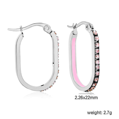 Wholesale Crystal Oval Hoop Earrings Pink Rhinestone Silver-Plated Finish  Premium Stainless Steel | 2.26*22mm Size | MOQ 12+