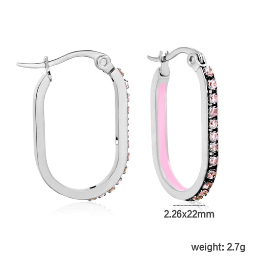 Wholesale Crystal Oval Hoop Earrings Pink Rhinestone Silver-Plated Finish  Premium Stainless Steel | 2.26*22mm Size | MOQ 12+