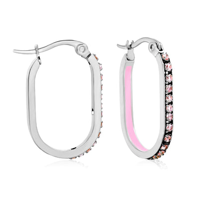 Wholesale Crystal Oval Hoop Earrings Pink Rhinestone Silver-Plated Finish  Premium Stainless Steel | 2.26*22mm Size | MOQ 12+