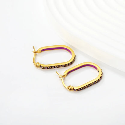 Purple Rhinestone Gold-Plated Finish 2.26*22mm Premium Stainless Steel |Wholesale Crystal Oval Hoop Earrings | MOQ 12+