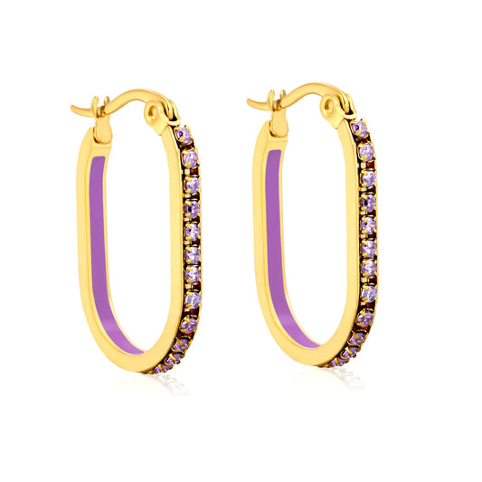 Purple Rhinestone Gold-Plated Finish 2.26*22mm Premium Stainless Steel |Wholesale Crystal Oval Hoop Earrings | MOQ 12+
