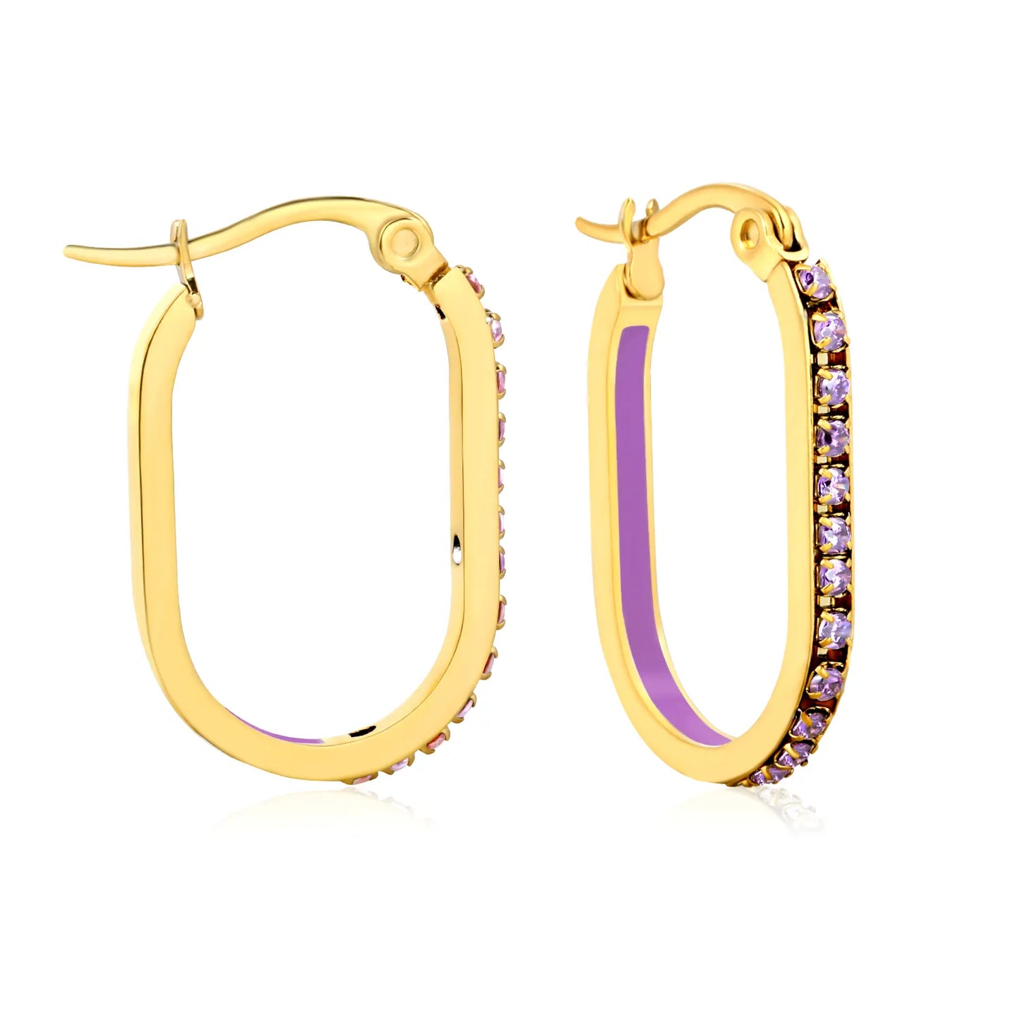 Purple Rhinestone Gold-Plated Finish 2.26*22mm Premium Stainless Steel |Wholesale Crystal Oval Hoop Earrings | MOQ 12+