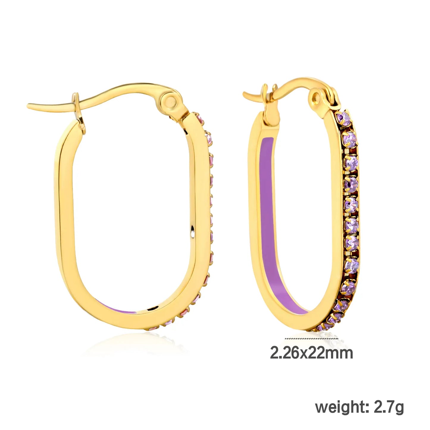 Purple Rhinestone Gold-Plated Finish 2.26*22mm Premium Stainless Steel |Wholesale Crystal Oval Hoop Earrings | MOQ 12+