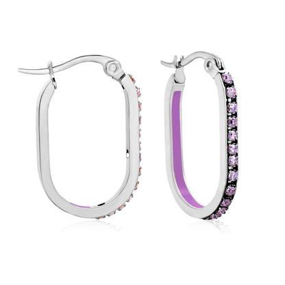 2.26*22mm Premium Stainless Steel Purple Rhinestone Silver-Plated Finish | Wholesale Crystal Oval Hoop Earrings | MOQ 12+