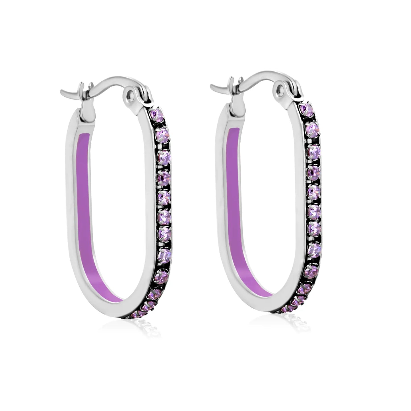 2.26*22mm Premium Stainless Steel Purple Rhinestone Silver-Plated Finish | Wholesale Crystal Oval Hoop Earrings | MOQ 12+