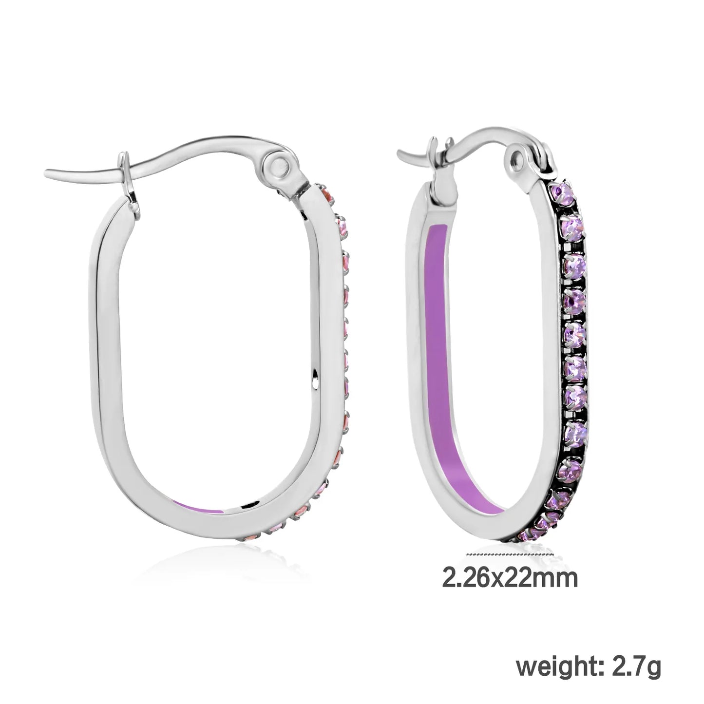 2.26*22mm Premium Stainless Steel Purple Rhinestone Silver-Plated Finish | Wholesale Crystal Oval Hoop Earrings | MOQ 12+