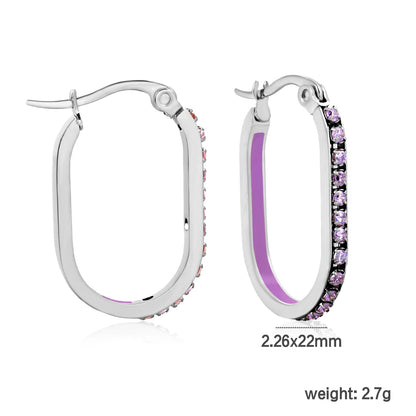 2.26*22mm Premium Stainless Steel Purple Rhinestone Silver-Plated Finish | Wholesale Crystal Oval Hoop Earrings | MOQ 12+