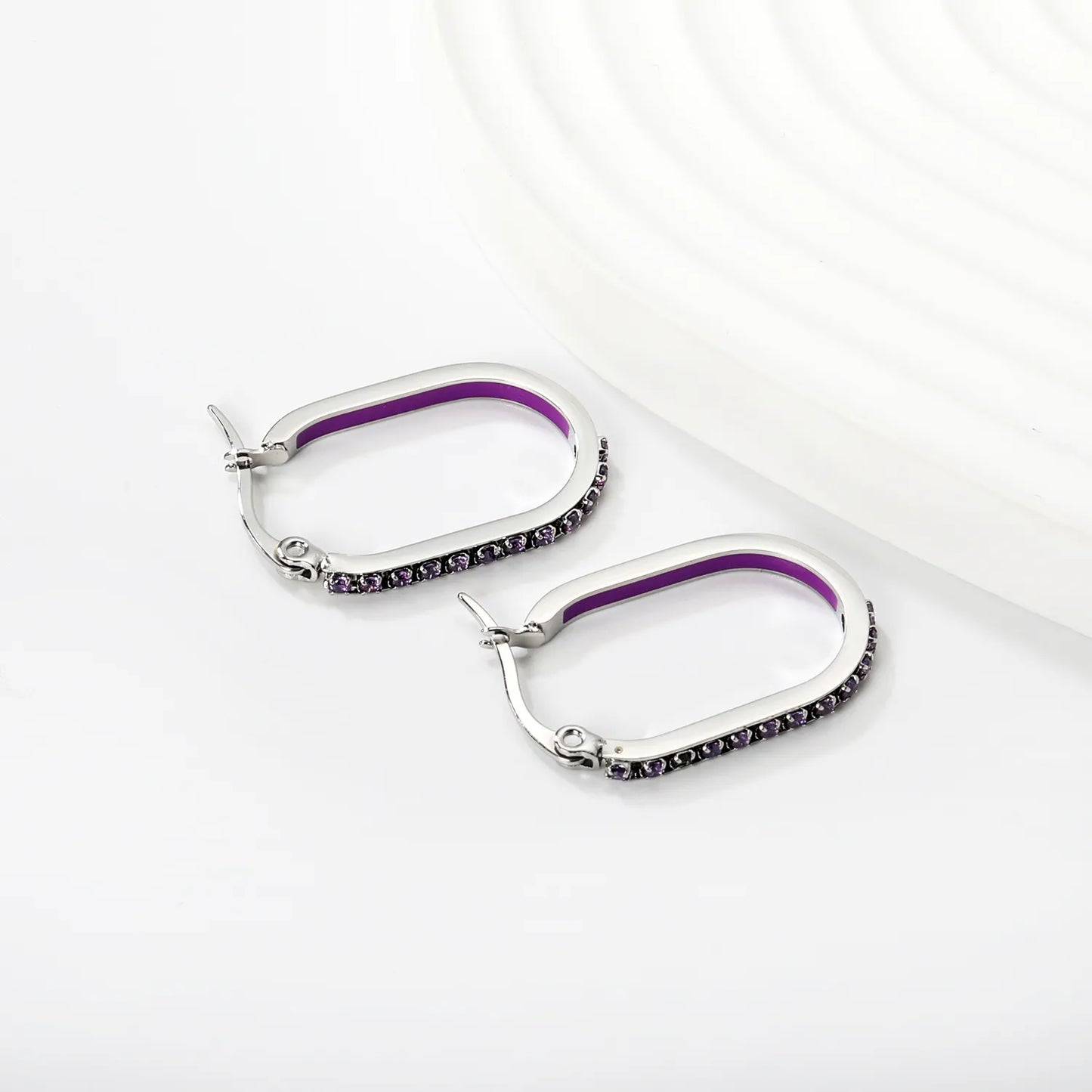 2.26*22mm Premium Stainless Steel Purple Rhinestone Silver-Plated Finish | Wholesale Crystal Oval Hoop Earrings | MOQ 12+