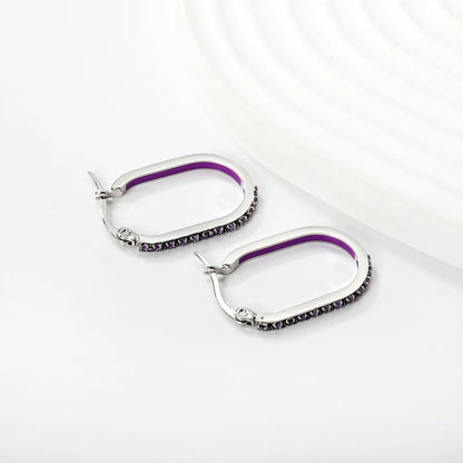 2.26*22mm Premium Stainless Steel Purple Rhinestone Silver-Plated Finish | Wholesale Crystal Oval Hoop Earrings | MOQ 12+