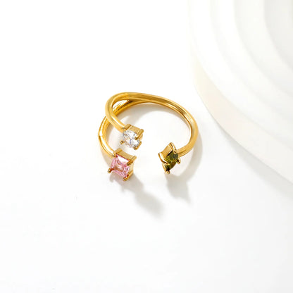 Wholesale 3-Stone Open Ring | Square Pink/Round White/Oval Green Zircon | 12mm High Size 7 | Gold Plated Stackable Ring