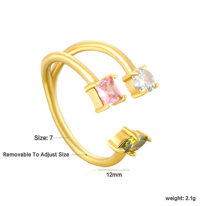 Wholesale 3-Stone Open Ring | Square Pink/Round White/Oval Green Zircon | 12mm High Size 7 | Gold Plated Stackable Ring