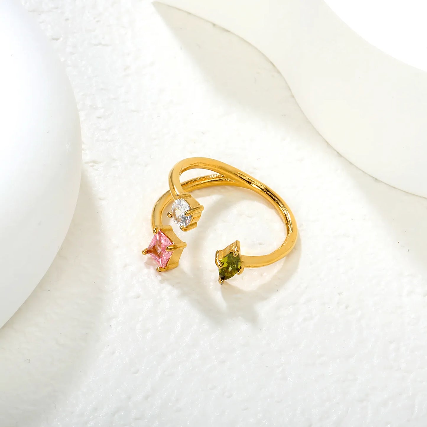 Wholesale 3-Stone Open Ring | Square Pink/Round White/Oval Green Zircon | 12mm High Size 7 | Gold Plated Stackable Ring