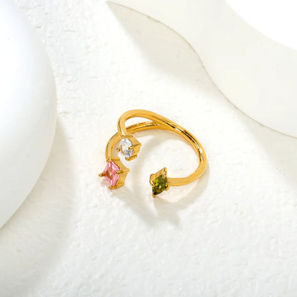 Wholesale 3-Stone Open Ring | Square Pink/Round White/Oval Green Zircon | 12mm High Size 7 | Gold Plated Stackable Ring