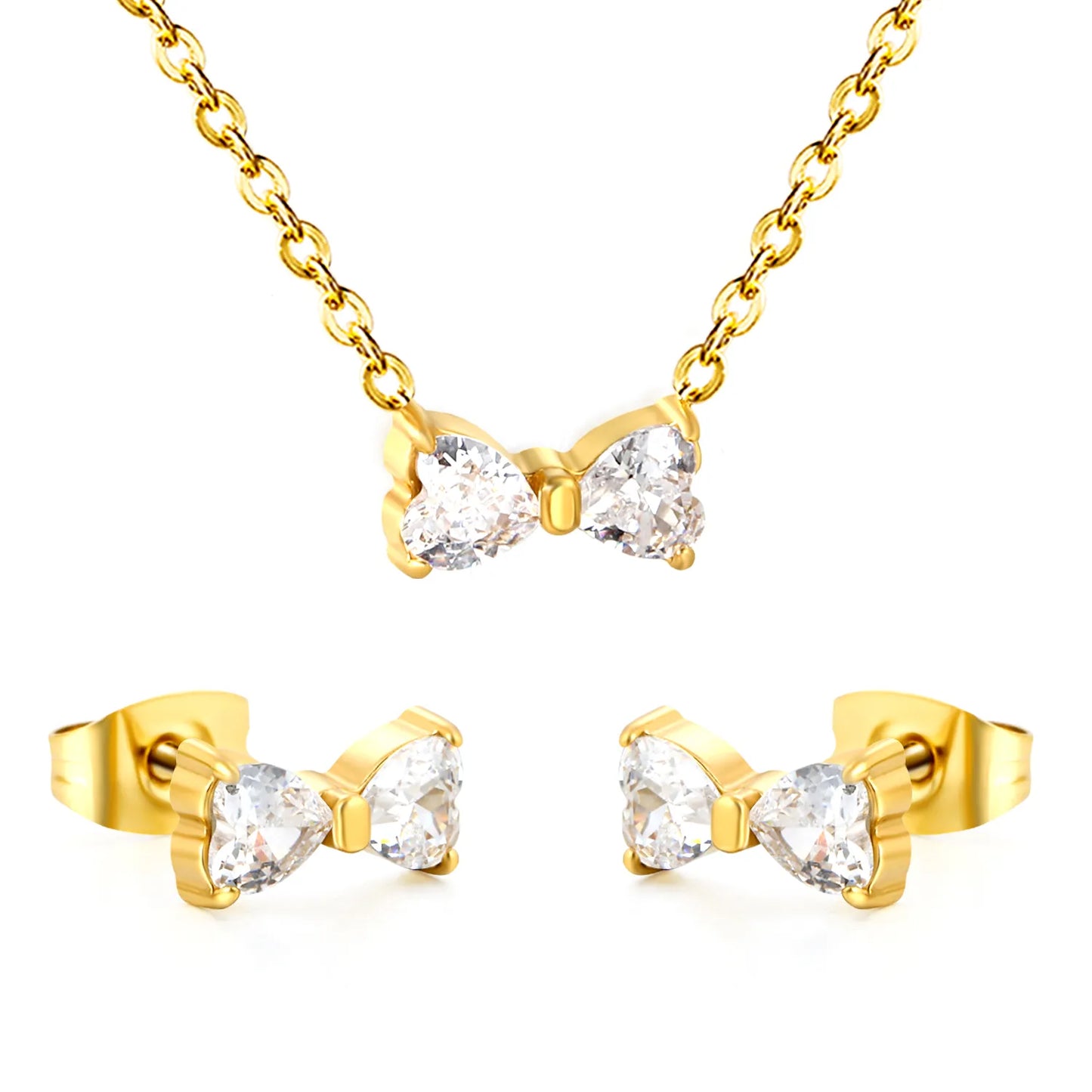 Stainless Steel Jewelry Set Crystal Bow Pendant 40+5cm Necklace Earrings Gold or Pink Sets Accessories  For Girls Women