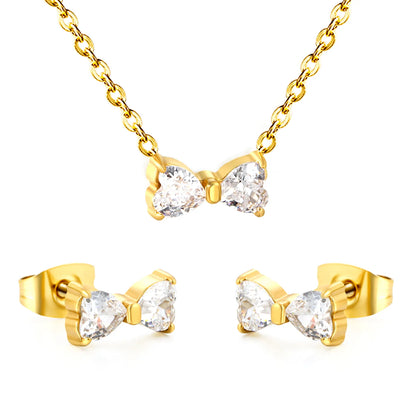 Stainless Steel Jewelry Set Crystal Bow Pendant 40+5cm Necklace Earrings Gold or Pink Sets Accessories  For Girls Women