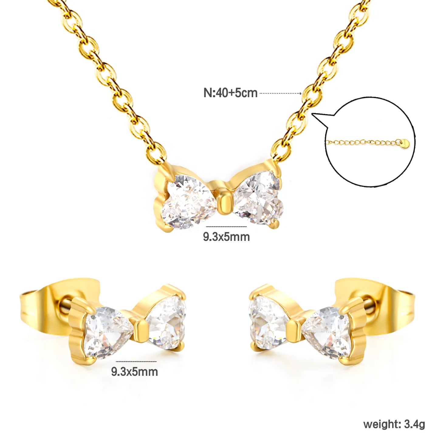 Stainless Steel Jewelry Set Crystal Bow Pendant 40+5cm Necklace Earrings Gold or Pink Sets Accessories  For Girls Women