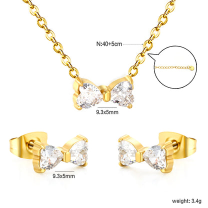 Stainless Steel Jewelry Set Crystal Bow Pendant 40+5cm Necklace Earrings Gold or Pink Sets Accessories  For Girls Women