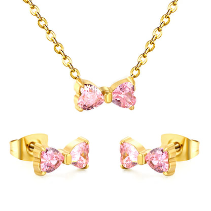 Stainless Steel Jewelry Set Crystal Bow Pendant 40+5cm Necklace Earrings Gold or Pink Sets Accessories  For Girls Women