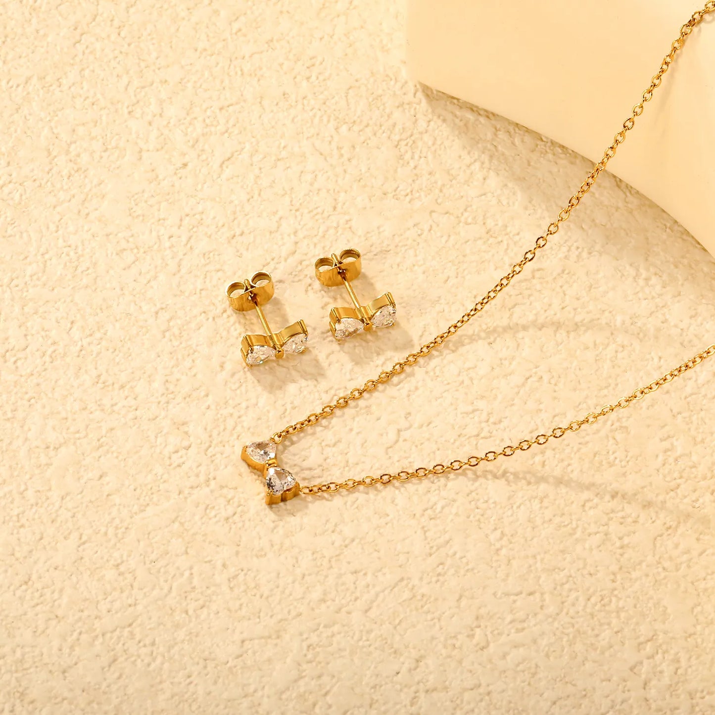 Stainless Steel Jewelry Set Crystal Bow Pendant 40+5cm Necklace Earrings Gold or Pink Sets Accessories  For Girls Women
