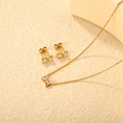 Stainless Steel Jewelry Set Crystal Bow Pendant 40+5cm Necklace Earrings Gold or Pink Sets Accessories  For Girls Women