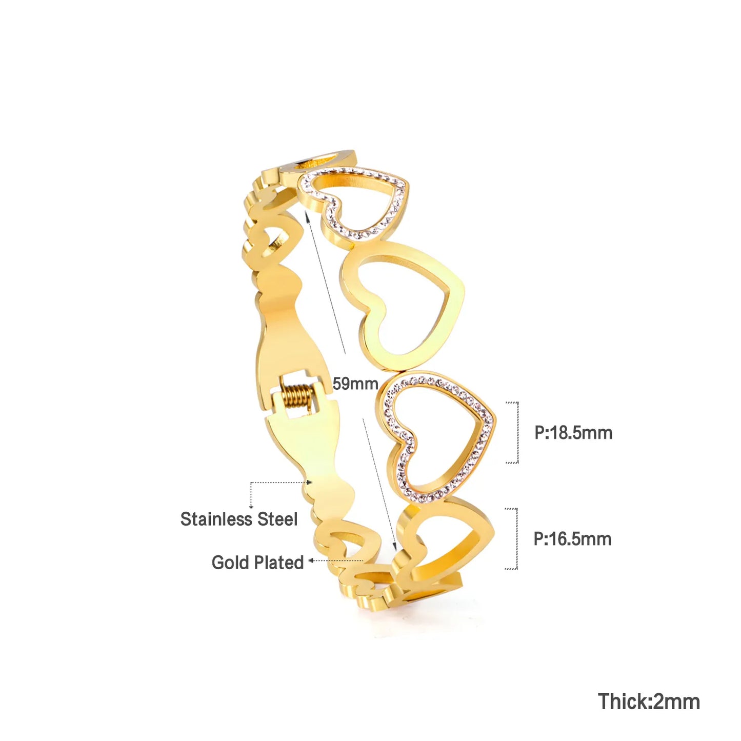 ✨ Wholesale Heart Bangle with Zircon Stones | Big and Small Heart Design | Gold Plated Stainless Steel | Adjustable Love Theme Bracelet
