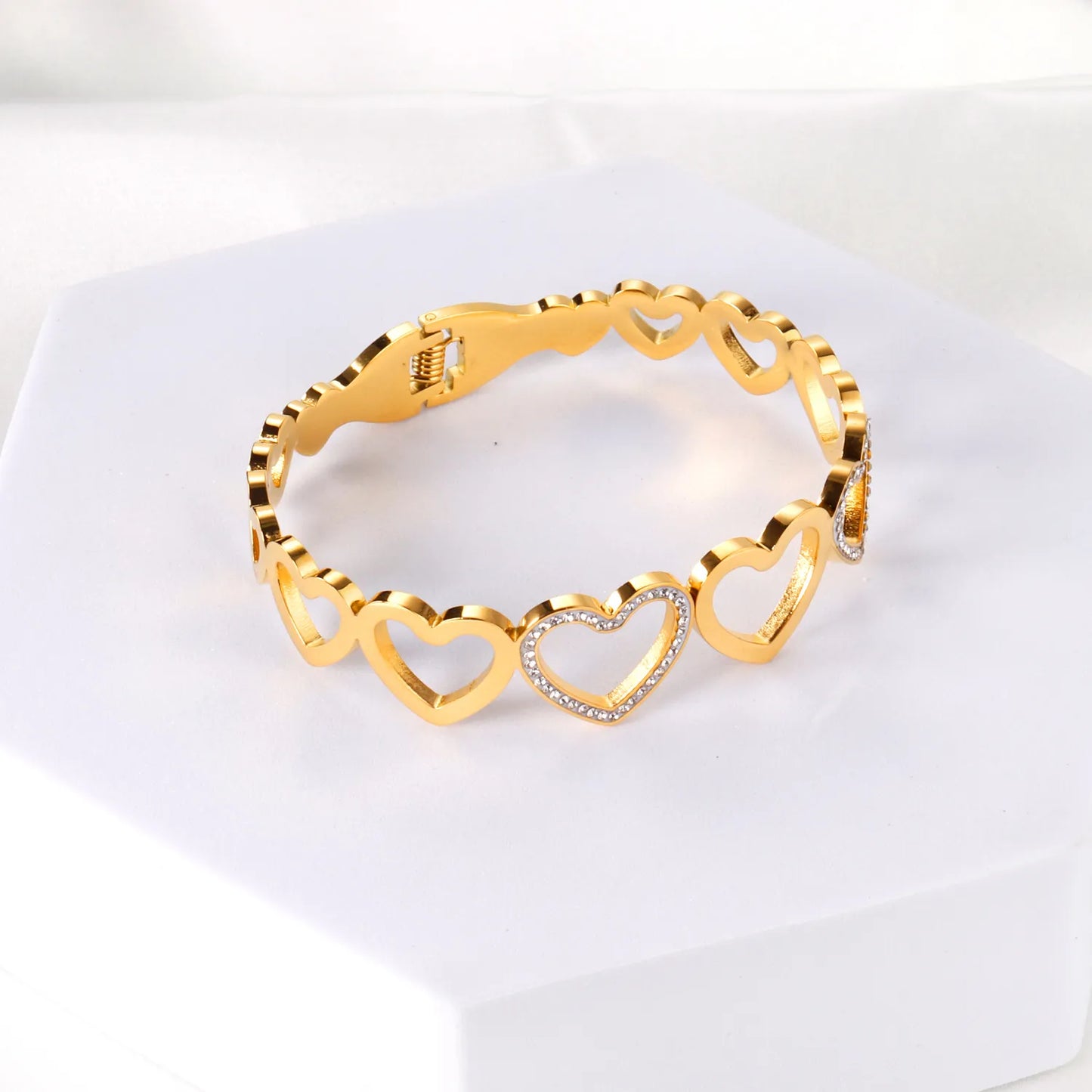 ✨ Wholesale Heart Bangle with Zircon Stones | Big and Small Heart Design | Gold Plated Stainless Steel | Adjustable Love Theme Bracelet