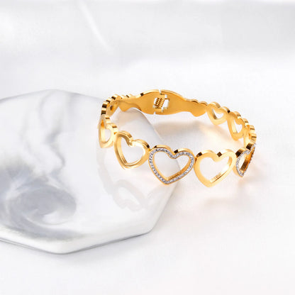 ✨ Wholesale Heart Bangle with Zircon Stones | Big and Small Heart Design | Gold Plated Stainless Steel | Adjustable Love Theme Bracelet