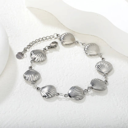 Wholesale Linked Shell Bracelet | 12x12.9mm Shell Chain Design | 18+3cm Adjustable | Gold or Steel Color Beach Jewelry