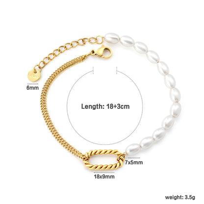Wholesale Twist and Pearl Bracelet | 18x9mm Rope Circle & Pearl Design | 18+3cm Adjustable | Gold Plated Stainless Steel