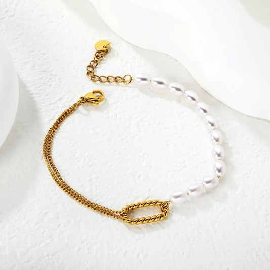 Wholesale Twist and Pearl Bracelet | 18x9mm Rope Circle & Pearl Design | 18+3cm Adjustable | Gold Plated Stainless Steel