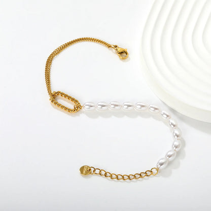 Wholesale Twist and Pearl Bracelet | 18x9mm Rope Circle & Pearl Design | 18+3cm Adjustable | Gold Plated Stainless Steel