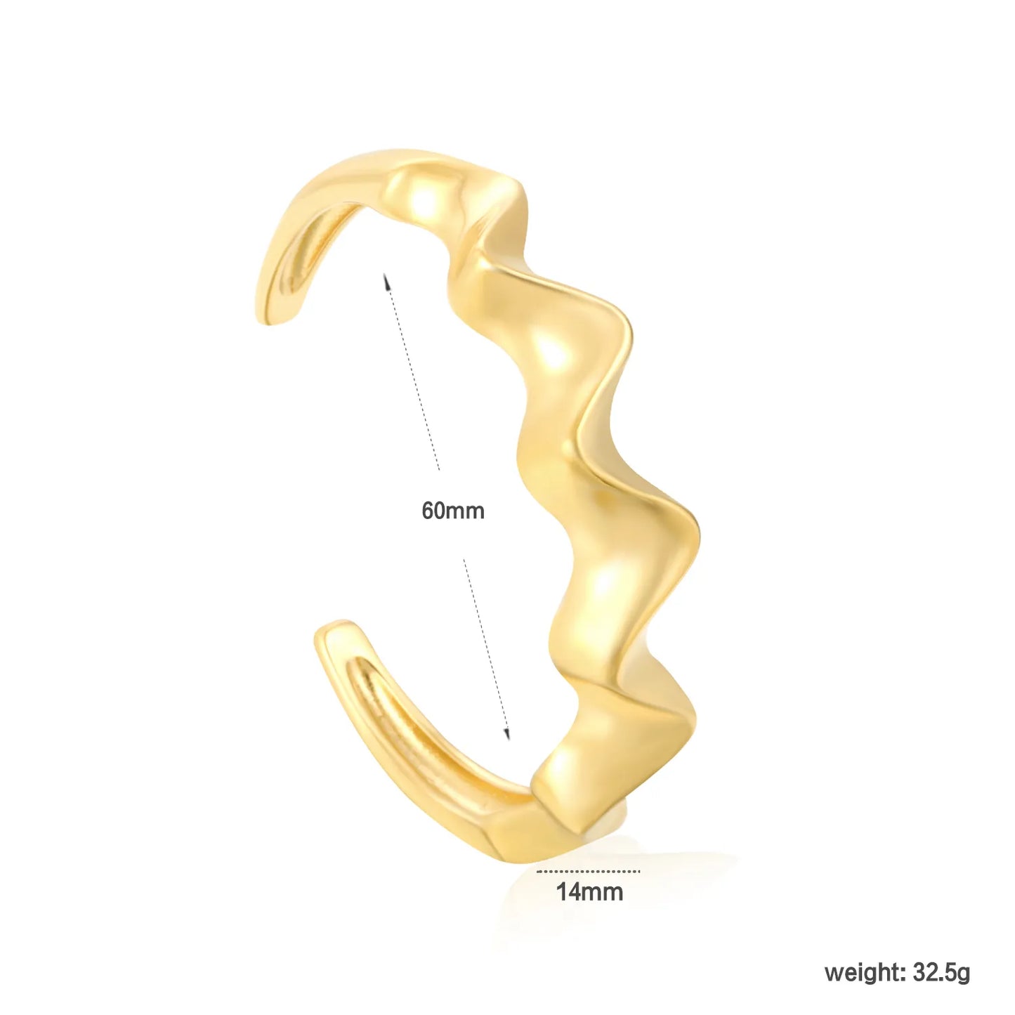 Wholesale 14mm Wavy Open Bangle | 60mm Inner Diameter | Gold Stainless Steel Cuff Bracelet | Bulk Statement Jewelry Lot
