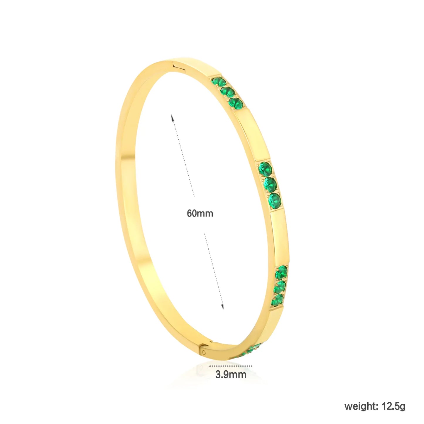 Wholesale 3.9mm Gold Bangle Bracelet with Green Zircon | 60mm Inner Diameter | Stainless Steel Fashion Jewelry | Bulk Bangle
