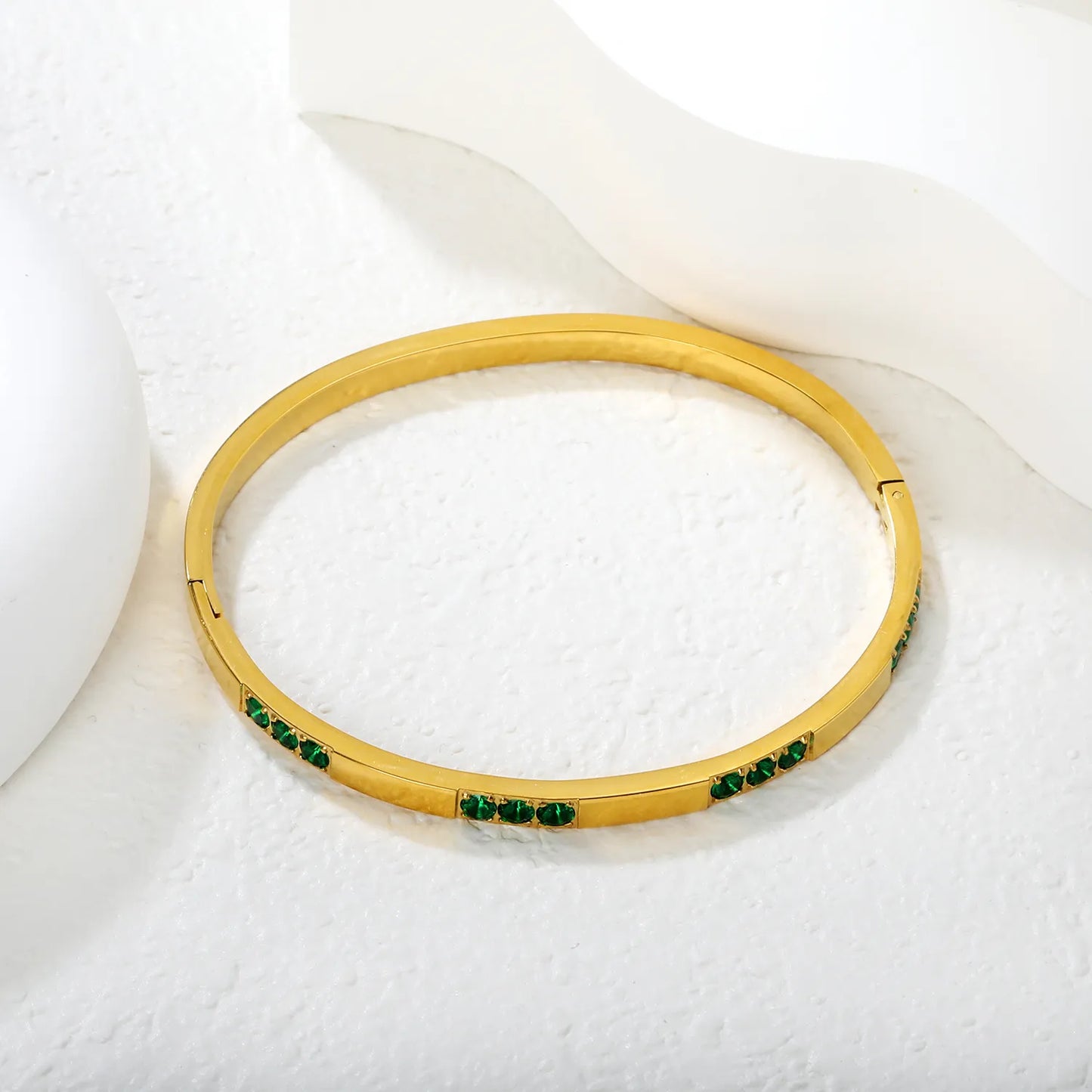 Wholesale 3.9mm Gold Bangle Bracelet with Green Zircon | 60mm Inner Diameter | Stainless Steel Fashion Jewelry | Bulk Bangle