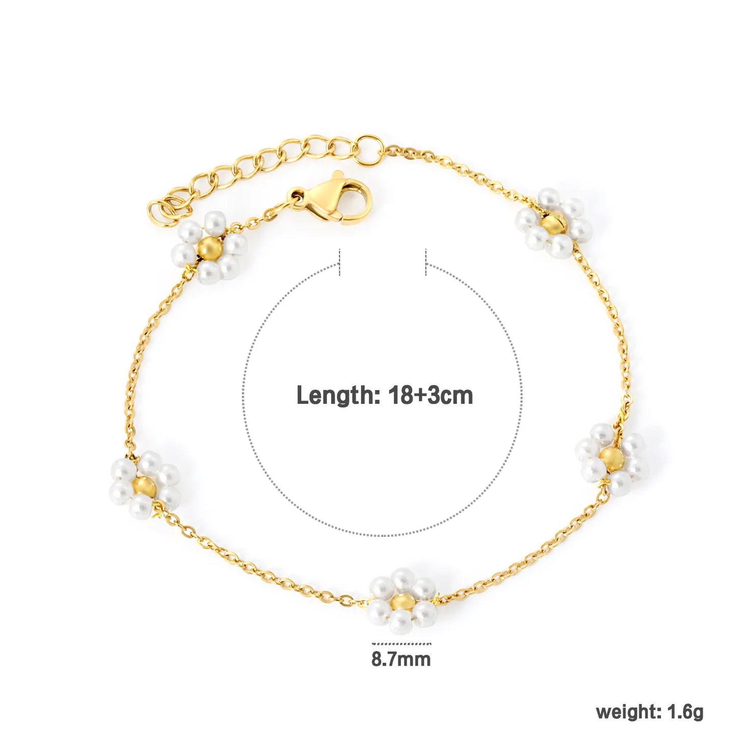 Wholesale Flower Pearl Bracelet | 8.7mm Floral Design with Simulated Pearl | 18+3cm Gold Plated Chain | Romantic Jewelry