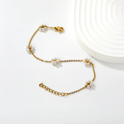 Wholesale Flower Pearl Bracelet | 8.7mm Floral Design with Simulated Pearl | 18+3cm Gold Plated Chain | Romantic Jewelry