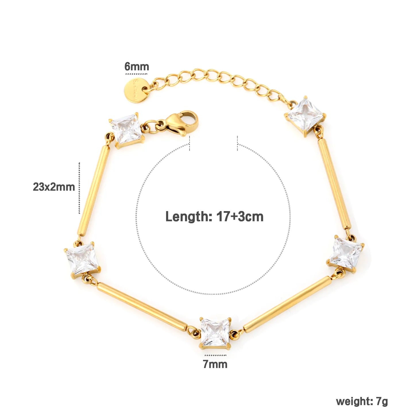 Wholesale Geometric Zircon Bracelet | 23mm Bar & 7mm Square Zircon | 17+3cm Gold Chain | Stainless Steel Fashion Jewelry